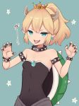 1girl :d bangs bare_shoulders black_dress black_nails blonde_hair blue_background blush bowsette bracelet breasts claw_pose collar commentary_request coraman covered_navel crown dress earrings fingernails green_eyes hair_between_eyes hands_up high_ponytail highres horns jewelry super_mario_bros. mini_crown nail_polish new_super_mario_bros._u_deluxe nintendo open_mouth pointy_ears ponytail sharp_teeth simple_background small_breasts smile solo spiked_bracelet spiked_collar spiked_shell spikes star strapless strapless_dress super_crown teeth tongue tongue_out turtle_shell v-shaped_eyebrows 