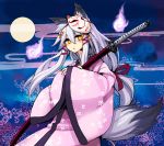  +_+ 1girl animal_ear_fluff animal_ears bangs bee_(deadflow) bell blue_background blush commentary_request eyebrows_visible_through_hair fox_ears fox_tail full_moon grey_hair hair_bell hair_between_eyes hair_ornament hitodama holding holding_sword holding_weapon jingle_bell katana long_hair long_sleeves looking_at_viewer low-tied_long_hair moon orange_eyes original parted_lips red_ribbon ribbon sleeves_past_wrists solo standing sword tail weapon wide_sleeves 