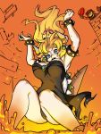  1girl anklet armlet arms_up ass bare_shoulders black_dress black_panties blonde_hair blue_eyes bouncing_breasts bowsette bracelet breasts collar crown dated dress earrings facial_hair falling gem highres horns jewelry large_breasts long_hair mario super_mario_bros. molten_rock mustache new_super_mario_bros._u_deluxe nintendo noto_tsugumi overalls panties pointy_ears ponytail red_shirt sharp_teeth shirt spiked_bracelet spiked_collar spikes strapless strapless_dress super_crown super_mario_bros. super_smash_bros. tail teeth turtle_shell underwear waving 