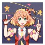  1girl blonde_hair blush bow brown_hair character_request copyright_request eyebrows_visible_through_hair green_eyes hair_ornament heart heart_hair_ornament highres index_finger_raised looking_at_viewer multicolored_hair open_mouth rayhwang red_bow short_hair sleeveless smile solo 