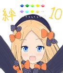  1girl :d \o/ abigail_williams_(fate/grand_order) absurdres arms_up atsumisu bangs black_bow black_dress black_hat blonde_hair blue_eyes blush bow commentary_request dress eyebrows_visible_through_hair fate/grand_order fate_(series) forehead gameplay_mechanics hair_bow hat highres long_hair long_sleeves open_mouth orange_bow outstretched_arms parted_bangs polka_dot polka_dot_bow simple_background smile solo translated upper_teeth white_background 