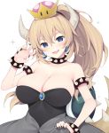  1girl bangs bare_shoulders black_dress blonde_hair blue_eyes blush bowsette bracelet breasts collar commentary_request crown dress earrings fingernails hair_between_eyes head_tilt highres horns jewelry large_breasts long_hair looking_at_viewer super_mario_bros. miko_92 nail_polish new_super_mario_bros._u_deluxe nintendo ponytail sidelocks simple_background solo spiked_bracelet spiked_collar spikes standing strapless strapless_dress super_mario_bros. tail white_background 