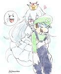  &gt;_&lt; 1boy 1girl :d artist_name blank_eyes blush boo brown_hair commentary crown dress facial_hair foaming_at_the_mouth ghost ghost_tail gloves hair_between_eyes hat heart hug hug_from_behind long_hair luigi luigi&#039;s_mansion super_mario_bros. mustache new_super_mario_bros._u_deluxe nintendo open_mouth overalls panzuban pink_eyes princess_king_boo puffy_short_sleeves puffy_sleeves sharp_teeth short_sleeves simple_background sketch smile super_crown teeth turn_pale twitter_username very_long_hair white_background white_dress white_gloves white_hair white_skin xd 