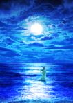  1girl blue blue_sky clouds cloudy_sky commentary_request dress floating_hair full_moon highres horizon kun52 long_dress long_hair moon night night_sky ocean original scenery see-through_silhouette sky solo standing tsukimi wading waves 