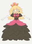 1girl :d black_dress blonde_hair blue_eyes blush bright_pupils brooch crown dress earrings elbow_gloves flan_(harry_mackenzie) full_body fuzzy_(mario) gloves jewelry long_hair super_mario_bros. messy_hair new_super_mario_bros._u_deluxe nintendo open_mouth puffy_short_sleeves puffy_sleeves short_sleeves smile solo super_crown super_mario_bros. teeth white_gloves white_pupils 