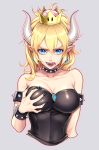  1girl bangs bare_shoulders black_dress black_nails blonde_hair blue_eyes bowsette bracelet breasts chimachi cleavage collar collarbone crown dress earrings fangs gem grey_background hair_between_eyes horns jewelry large_breasts looking_at_viewer super_mario_bros. nail_polish new_super_mario_bros._u_deluxe nintendo open_mouth pointy_ears ponytail self_fondle spiked_bracelet spiked_collar spikes strapless strapless_dress super_crown super_mario_bros. tongue tongue_out upper_body 