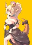  1girl ;) ;q alphy armlet bangs bare_shoulders black_bow black_dress blonde_hair blue_eyes blush bow bowsette bracelet breasts cleavage collar collarbone crown dress dress_lift earrings highres horns jewelry large_breasts lifted_by_self long_hair looking_at_viewer super_mario_bros. new_super_mario_bros._u_deluxe nintendo one_eye_closed pointy_ears ponytail smile spiked_bracelet spiked_collar spikes strapless strapless_dress super_crown super_mario_bros. tail tail_bow tongue tongue_out turtle_shell yellow_background 