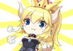  1girl :3 bangs black_dress blonde_hair blue_eyes blush_stickers bowsette bracelet breasts closed_mouth collar crown dress earrings eyebrows_visible_through_hair fang fang_out hair_between_eyes horns jewelry long_hair super_mario_bros. medium_breasts mini_crown new_super_mario_bros._u_deluxe nintendo pointy_ears solo spiked_bracelet spiked_collar spiked_tail spikes strapless strapless_dress sunburst super_crown synn032 tail turtle_shell 