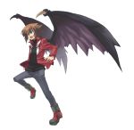  1boy black_shirt black_wings blue_eyes boots brown_hair grey_pants hair_between_eyes heterochromia hino_(mooncalf+t) jacket male_focus open_clothes open_jacket pants red_eyes red_jacket shirt simple_background solo white_background wings yu-gi-oh! yuu-gi-ou yuu-gi-ou_gx yuuki_juudai 