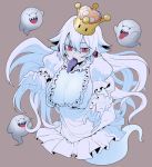 1girl :p absurdres blush boo breasts cleavage crown dress frilled_dress frilled_skirt frills genderswap genderswap_(mtf) ghost gloves grey_background half-closed_eyes highres large_breasts long_hair super_mario_bros. new_super_mario_bros._u_deluxe nintendo personification princess_king_boo puffy_short_sleeves puffy_sleeves red_eyes saliva sharp_teeth short_sleeves simple_background skirt slit_pupils smile solo ssangbong-llama super_crown super_mario_bros. teeth tongue tongue_out white_dress white_gloves 
