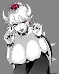  1girl artist_request bent_over borrowed_character bowsette bracelet breasts claw_pose cleavage collar collarbone commentary_request cowboy_shot dress eyebrows_visible_through_hair eyelashes fingernails grey_background greyscale hair_between_eyes highres huge_breasts jewelry lipstick long_ponytail looking_at_viewer makeup super_mario_bros. monochrome new_super_mario_bros._u_deluxe nintendo open_mouth pointy_ears red_earrings red_eyes red_lipstick sharp_fingernails short_hair sidelocks simple_background smile solo spiked_bracelet spiked_collar spikes spot_color strapless strapless_dress super_crown 