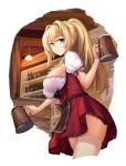  1girl absurdres alternate_costume apron beer_mug blonde_hair braid breasts cup dirndl emden_(zhan_jian_shao_nyu) french_braid german_clothes green_eyes highres holding holding_cup indoors large_breasts long_hair looking_at_viewer onceskylark ponytail puffy_short_sleeves puffy_sleeves short_sleeves smile solo thigh-highs underbust waist_apron waitress white_legwear zhan_jian_shao_nyu 