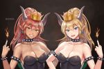  1girl absurdres aztodeus bare_shoulders blonde_hair blue_eyes bowsette bracelet breasts cleavage collar crown dark_skin dual_persona earrings genderswap genderswap_(mtf) highres horns jewelry large_breasts long_hair looking_at_viewer super_mario_bros. middle_finger nintendo ponytail red_eyes redhead sharp_teeth smile solo spiked_bracelet spiked_collar spikes super_crown teeth 