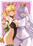  2girls asymmetrical_docking blonde_hair blue_eyes blush bowsette bra bracelet breast_press breasts cleavage collar cowboy_shot earrings eyebrows_visible_through_hair fingernails genderswap genderswap_(mtf) gluteal_fold grin hair_between_eyes highres horns jewelry large_breasts lavender_hair leotard lingerie long_hair looking_at_viewer luigi&#039;s_mansion super_mario_bros. multiple_girls nail_polish navel new_super_mario_bros._u_deluxe nintendo pale_skin panties pointy_ears ponytail princess_king_boo purple_bra purple_panties sharp_fingernails sharp_teeth smile spiked_armlet spiked_bracelet spiked_collar spikes super_crown tail teeth throtem tongue tongue_out underwear underwear_only very_long_hair violet_eyes 