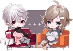  2girls :3 :d ahoge brown_hair copyright_request couch cup drinking_straw grey_eyes highres misumi_(macaroni) multiple_girls on_couch open_mouth pig red_eyes short_hair silver_hair sitting smile stuffed_animal stuffed_pig stuffed_toy table tablecloth 