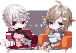  2girls :3 :d ahoge brown_hair copyright_request couch cup drinking_straw grey_eyes highres misumi_(macaroni) multiple_girls on_couch open_mouth pig red_eyes short_hair silver_hair sitting smile stuffed_animal stuffed_pig stuffed_toy table tablecloth 