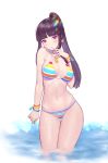  1girl bangs bikini black_hair blade_&amp;_soul blunt_bangs blush breasts cleavage contrapposto earrings finger_to_mouth highres jewelry large_breasts long_hair loooup navel ponytail sample sidelocks siun solo striped striped_bikini swimsuit thigh_gap violet_eyes 
