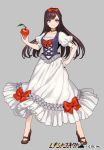  apple bow brown_choker brown_footwear brown_hair choker copyright_name dress dress_bow food fruit grey_background hair_bow hand_on_hip high_heels official_art pota_(bluegutty) puffy_short_sleeves puffy_sleeves red_bow red_eyes reki_connect short_sleeves smile watemark 