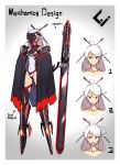  1girl black_cape boots cape character_sheet closed_mouth covered_navel embarrassed expressions flying_sweatdrops frown gradient gradient_background grey_background hair_ornament hairpin legs_apart leotard looking_at_viewer mecha_musume navel open_mouth original pink_hair ponytail red_eyes sawawse solo standing visor_(armor) 