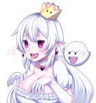  1girl absurdres blush boo breasts cleavage crown dress earrings elbow_gloves gloves hands_up heart highres jewelry kumaartsu long_hair looking_at_viewer super_mario_bros. new_super_mario_bros._u_deluxe nintendo princess_king_boo puffy_short_sleeves puffy_sleeves sharp_teeth short_sleeves super_crown teeth tongue tongue_out upper_body watermark white_background white_dress 