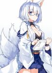  1girl animal_ears azur_lane bangs black-framed_eyewear blue_background blue_skirt breasts cleavage closed_mouth commentary_request cowboy_shot eyebrows_visible_through_hair fox_ears fox_girl fox_tail glasses gradient gradient_background holding holding_paper japanese_clothes kaga_(azur_lane) kimono kitsune long_sleeves looking_away medium_breasts multiple_tails myuton open_clothes open_kimono paper semi-rimless_eyewear short_hair silver_hair skirt solo tail tail_raised under-rim_eyewear white_background white_kimono wide_sleeves 