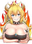  1girl bare_shoulders black_nails blonde_hair blush bowsette bracelet breasts cleavage collar commentary_request crossed_arms crown earrings eyebrows_visible_through_hair fingernails fire grin hair_between_eyes horns jewelry kanden_suki large_breasts looking_at_viewer super_mario_bros. nail_polish new_super_mario_bros._u_deluxe nintendo pointy_ears sharp_nails sharp_teeth smile solo spiked_bracelet spiked_collar spikes super_crown teeth twitter_username 