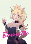  1girl aqua_earrings aqua_eyes bangs bare_shoulders blonde_hair blurry blush borrowed_character bowsette bracelet breasts brooch character_name claw_pose cleavage collar cowboy_shot dress eyebrows_visible_through_hair fangs gradient gradient_background hand_on_hip horns jewelry large_breasts long_ponytail looking_down super_mario_bros. new_super_mario_bros._u_deluxe nintendo pointy_ears ponytail short_eyebrows sidelocks smile solo spiked_bracelet spiked_collar spikes strapless strapless_dress super_crown vienri 