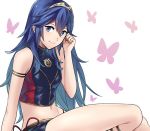  1girl a_meno0 armband blue_eyes blue_hair breasts bug butterfly fire_emblem fire_emblem:_kakusei fire_emblem_cipher hand_in_hair hand_up insect long_hair looking_at_viewer lucina navel nintendo shorts small_breasts smile swimsuit thighs tiara white_background 