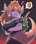 1girl absurdres bare_shoulders blonde_hair blue_eyes bowsette bracelet breasts cleavage coin collar crown dress earrings heart highres horns jewelry large_breasts long_hair looking_at_viewer super_mario_bros. new_super_mario_bros._u_deluxe nintendo ponytail sharp_teeth shell smile solo spiked_bracelet spiked_collar spikes super_crown tail teeth 