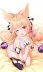  1girl 7eddy alternate_costume alternate_hairstyle animal_ears arm_strap bangs between_legs blonde_hair blush braid breasts character_name checkered_ribbon collarbone eyebrows_visible_through_hair fang fox_ears g41_(girls_frontline) girls_frontline hair_between_eyes hair_ornament hair_ribbon hand_between_legs heterochromia highres leaning_forward long_hair looking_at_viewer name_tag old_school_swimsuit on_bed one_eye_closed open_mouth purple_ribbon red_eyes ribbon school_swimsuit see-through seiza shiny shiny_skin side_braid single_thighhigh sitting small_breasts smile solo swimsuit thigh-highs thighs twintails very_long_hair white_school_swimsuit white_swimsuit 