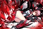  1girl armored_boots black_gloves boots collarbone divine_gate getsuyoubi gloves hair_between_eyes headgear leotard lying on_side pink_hair red_eyes shiny shiny_hair short_hair solo twintails 