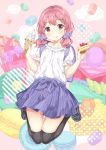  1girl :p backpack bag bangs black_footwear black_legwear blush bow cake closed_mouth collarbone eyebrows_visible_through_hair food gyuunyuu_nomio hair_ornament hair_scrunchie head_tilt holding holding_food ice_cream ice_cream_cone original pink_hair puffy_short_sleeves puffy_sleeves purple_bow purple_scrunchie purple_skirt randoseru red_eyes sandals scrunchie shirt short_sleeves skirt slice_of_cake smile soft_serve solo striped striped_bow thigh-highs tongue tongue_out vertical-striped_skirt vertical_stripes white_shirt 