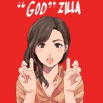  1girl air_quotes blush breasts brown_eyes brown_hair cleavage collared_shirt commentary_request fingernails hair_over_shoulder hands_up looking_at_viewer medium_breasts munakata_(hisahige) nail_polish open_mouth orange_shirt popped_collar red_background round_teeth shin_godzilla shirt simple_background solo teeth upper_body white_nails wing_collar 