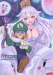  &gt;_&lt; 1boy 1girl absurdres arm_around_neck blush boo breasts brooch character_name cleavage collar covering_eyes crown dress earrings facial_hair frilled_collar frills hat heart heart-shaped_pupils highres jewelry large_breasts long_hair luigi luigi&#039;s_mansion super_mario_bros. mini_crown mustache new_super_mario_bros._u_deluxe nintendo overalls princess_king_boo scared sharp_teeth smile super_crown super_mario_bros. symbol-shaped_pupils tears teeth tokiwata_soul tongue tongue_out trembling vacuum_cleaner very_long_hair violet_eyes wavy_mouth white_dress white_hair 