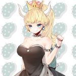  1girl absurdres bare_shoulders blonde_hair blue_eyes bowsette bracelet breasts collar crown dopoing dress highres horns jewelry large_breasts super_mario_bros. nintendo ponytail sharp_teeth spiked_armlet spiked_bracelet spiked_collar spiked_shell spikes strapless strapless_dress super_crown super_mario_bros. teeth turtle_shell 
