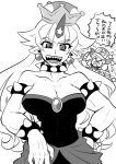  2girls bare_shoulders bowsette bowsette_(cosplay) bracelet breasts cleavage collar collarbone cosplay cowboy_shot crown dress eyebrows_visible_through_hair hand_on_hip highres horn horns hoshiguma_yuugi ibuki_suika jewelry lineart long_hair looking_at_viewer super_mario_bros. medium_breasts monochrome multiple_girls muscle muscular_female new_super_mario_bros._u_deluxe nintendo sharp_teeth shinokazu_(onsen-neko) slit_pupils solo_focus spiked_bracelet spiked_collar spikes star strapless strapless_dress teeth touhou translation_request very_long_hair waist 