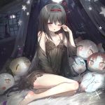  1girl akemi_homura barefoot bed black_bra black_hair black_nightgown blush bra breasts clouds commentary curtains english eyebrows_visible_through_hair flower highres kaname_madoka kyubey light_particles long_hair looking_at_viewer mahou_shoujo_madoka_magica miki_sayaka momoe_nagisa moon mullpull night night_sky nightgown one_eye_closed purple_flower purple_rose red_ribbon ribbon rose rubbing_eyes sakura_kyouko see-through sitting sky sleeping small_breasts sparkle star thighs tomoe_mami underwear vase very_long_hair violet_eyes watermark window 