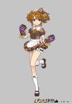  1girl black_footwear bow brown_bow brown_hair copyright_name floral_print full_body gauntlets grey_background hair_bow looking_at_viewer maid official_art pota_(bluegutty) reki_connect short_hair short_sleeves simple_background smile standing standing_on_one_leg tachi-e violet_eyes watermark white_legwear 
