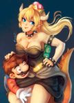  1boy 1girl armlet bare_shoulders black_dress blonde_hair blue_eyes bowsette bracelet breasts collar crown dress earrings facial_hair heart heart-shaped_pupils horns jewelry mario super_mario_bros. mustache new_super_mario_bros._u_deluxe nintendo overalls plumber pointy_ears ponytail spiked_bracelet spiked_collar spiked_shell spiked_tail spikes strapless strapless_dress super_crown symbol-shaped_pupils tail turtle_shell zkoyllar 