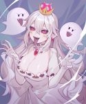 1girl breasts cleavage crown dress gloves hair_between_eyes highres long_hair looking_at_viewer luigi&#039;s_mansion open_mouth princess_king_boo red_eyes sharp_teeth super_crown teeth tongue tongue_out turkey_(weave7769) white_dress white_gloves 
