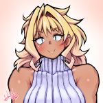  bare_shoulders blonde_hair blush breasts commentary_request dark_skin dated hori_shin long_hair looking_at_viewer michelle_(hori_shin) muscle muscular_female original ribbed_sweater signature sleeveless sleeveless_turtleneck smile sweater tan turtleneck turtleneck_sweater 
