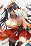 1girl :q ahoge anchor_symbol azur_lane bangs bare_shoulders black_hair black_legwear blush breasts cleavage collarbone eyebrows_visible_through_hair fan feathers floating_hair folding_fan gold_trim grey_background hair_between_eyes hair_ornament hair_ribbon highres holding holding_fan huge_breasts japanese_clothes kimono large_breasts long_hair looking_at_viewer mask mask_on_head obi one_eye_covered red_eyes red_kimono ribbon sash short_kimono short_yukata side_sleeves sidelocks simple_background smile solo taihou_(azur_lane) tassel thigh-highs tongue tongue_out twintails very_long_hair wide_sleeves yukata yuuko_(elmo) 