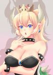  1girl bangs bare_shoulders black_dress blonde_hair blue_eyes bowsette bracelet breasts cleavage collar collarbone commentary dress earrings eyebrows_visible_through_hair fang gradient gradient_background grey_background hair_between_eyes head_tilt jewelry large_breasts long_hair super_mario_bros. new_super_mario_bros._u_deluxe nintendo parted_lips pink_background pointy_ears ponytail shadow solo spiked_bracelet spiked_collar spiked_shell spikes strapless strapless_dress super_crown turtle_shell villyane 