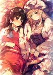  2girls autumn_leaves bangs bare_shoulders black_hair blonde_hair blush bow breasts brown_eyes commentary_request cowboy_shot detached_sleeves dress eye_contact frilled_bow frilled_shirt_collar frills hair_bow hair_tubes hakurei_reimu hand_holding hat hat_ribbon head_tilt large_breasts layered_dress leaf long_hair long_sleeves looking_at_another lying midriff_peek mob_cap multiple_girls nose_blush on_back parted_lips petticoat red_bow red_ribbon red_skirt ribbon ribbon-trimmed_skirt ribbon-trimmed_sleeves ribbon_trim shinoba sidelocks skirt skirt_set smile tabard touhou white_dress white_hat wide_sleeves yakumo_yukari yellow_eyes yuri 