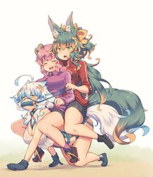  3girls ahoge animal_ear_fluff animal_ears bike_shorts bit_gag breasts brown_hair closed_eyes fang gag gagged gloves gradient_hair green_eyes horns kuromiya kuromiya_raika kuzakura_mika large_breasts long_hair multicolored_hair multiple_girls open_mouth original pink_hair pony_play sheep_horns shiromiya_asuka short_hair sitting sitting_on_person tail two-tone_hair white_hair 