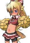  1girl bike_shorts blonde_hair blush body_blush bow breasts character_request cheerleader closed_mouth collared_shirt contrapposto embarrassed eyepatch fukurou_(owl222) hair_bow long_hair looking_at_viewer miniskirt navel one_eye_covered original pleated_skirt pom_poms ponytail red_bow red_skirt shirt simple_background skirt small_breasts solo standing stomach sweatdrop very_long_hair violet_eyes white_background wing_collar 
