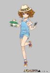  beetle bug character_request grey_background hat insect insect_cage looking_at_viewer official_art orange_footwear overalls pota_(bluegutty) reki_connect shirt shoes shorts smile sneakers standing standing_on_one_leg t-shirt violet_eyes watermark 