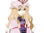  1girl arm_garter blonde_hair brown_eyes eyebrows_visible_through_hair hair_between_eyes hat joniko1110 light_smile long_hair mob_cap parted_lips solo touhou upper_body wavy_hair white_background white_hat yakumo_yukari 