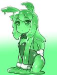  1girl animal_ears bare_shoulders bow bowtie breasts bunny_girl bunnysuit closed_mouth cowboy_shot detached_collar eyebrows_visible_through_hair fukurou_(owl222) goo_girl gradient gradient_background green green_background green_eyes green_hair green_sclera leotard looking_at_viewer monochrome monster_girl original rabbit_ears small_breasts solo trembling wrist_cuffs 