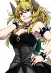  1girl bare_shoulders blonde_hair blue_eyes bowsette bracelet breasts cleavage collar crown dress earrings highres horns jewelry large_breasts long_hair looking_at_viewer super_mario_bros. nintendo ponytail sharp_teeth shell smile solo spiked_bracelet spiked_collar spikes super_crown teeth tenamaru 